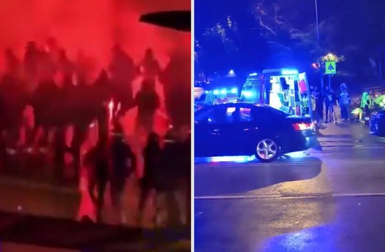 Oto kilka propozycji przeredagowanego tytułu z zachowaniem sensu i unikalności:

1. Dramatyczne wydarzenia w Madrycie. Fani Lecha wywołali zamieszki  
2. Madryt w chaosie przez kibiców Lecha. Awantury na ulicach  
3. Zamieszki z udziałem kibiców Lecha w Madrycie. Miasto pogrążyło się w chaosie  
4. Chaotyczne sceny w Madrycie. Kibice Lecha wywołali zamieszanie  
5. Madryt areną burd. Kibice Lecha sieją spustoszenie  
6. Kibice Lecha wywołali zamęt w Madrycie. Służby miały ręce pełne pracy  
7. Kibicowskie zamieszki w Madrycie z udziałem fanów Lecha  
8. Madryt pod oblężeniem kibiców Lecha. Ulice zamieniły się w piekło  
9. Ekscesy kibiców Lecha w Madrycie. Ulice zamieniły się w pole bitwy  
10. Ulice Madrytu areną starć. Burdy kibiców Lecha